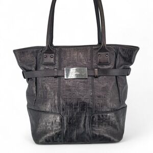 Calvin Klein Black Leather Tote Bag‎ Purse Embossed Logo Large Shoulder Handbag